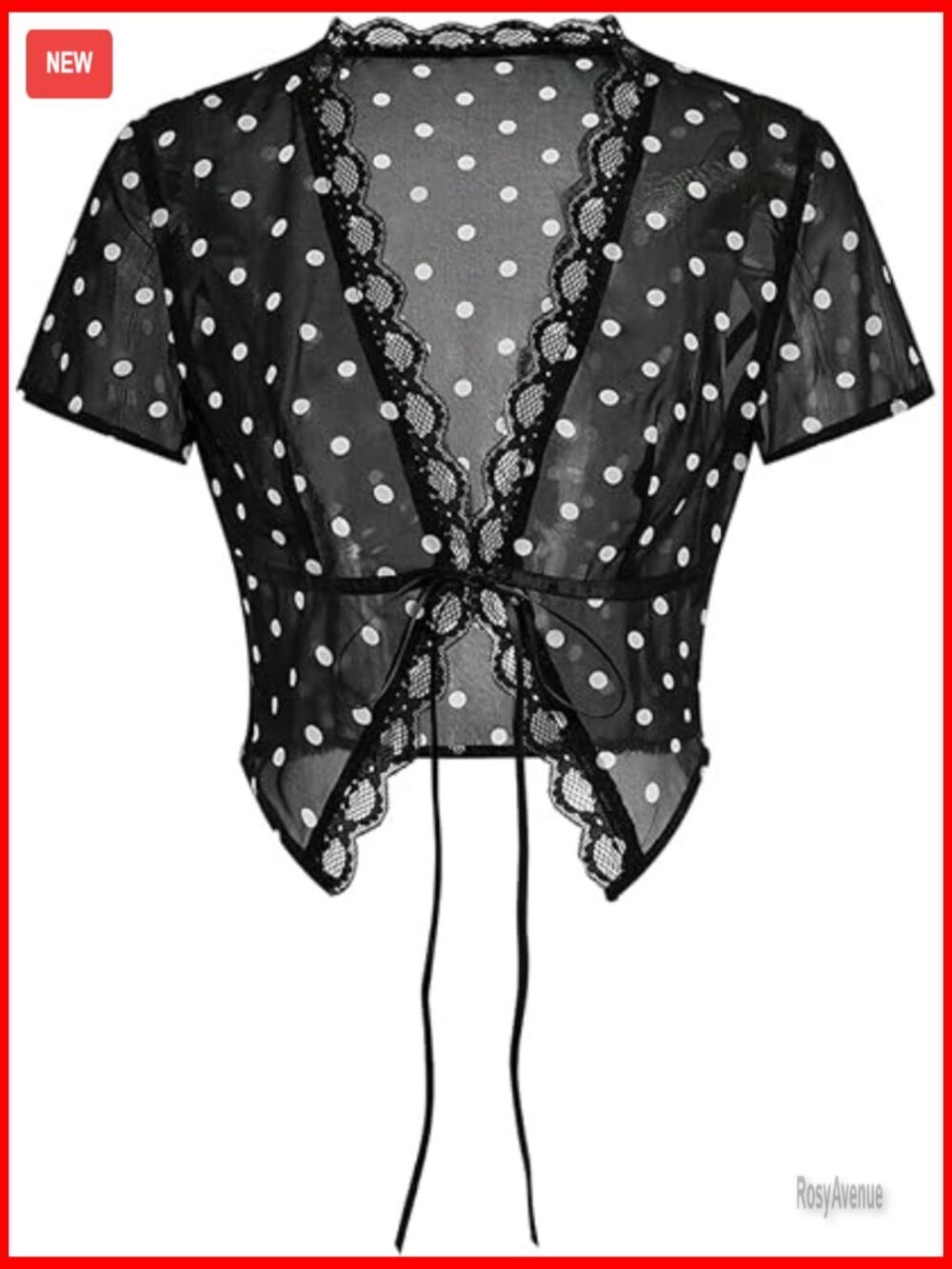 Lace Polka Dot Mesh Crop Top V Neck Tie Front Short Sleeve Concert